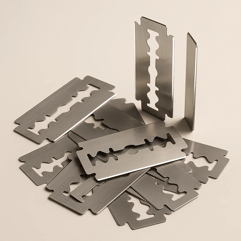 Loose double-edge blades of the standard size that fits the Kelvedge razor, each with a cutting edge along both long sides and a shaped slot through the centre